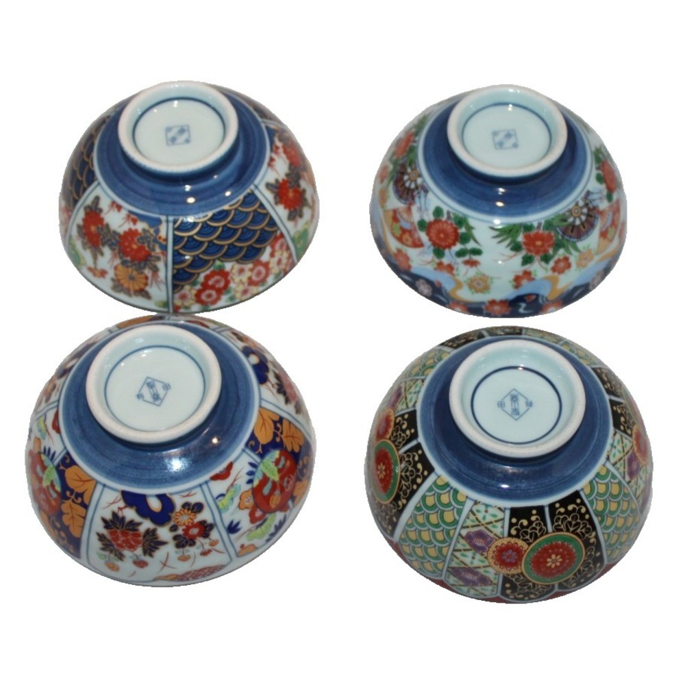 4 Arita Japanese porcelain rice soup bowls footed signed 4 different designs set